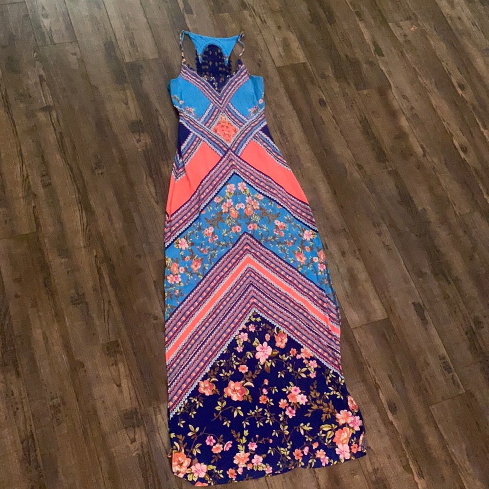 Fashion Nova Blue and Coral Floral Maxi Dress